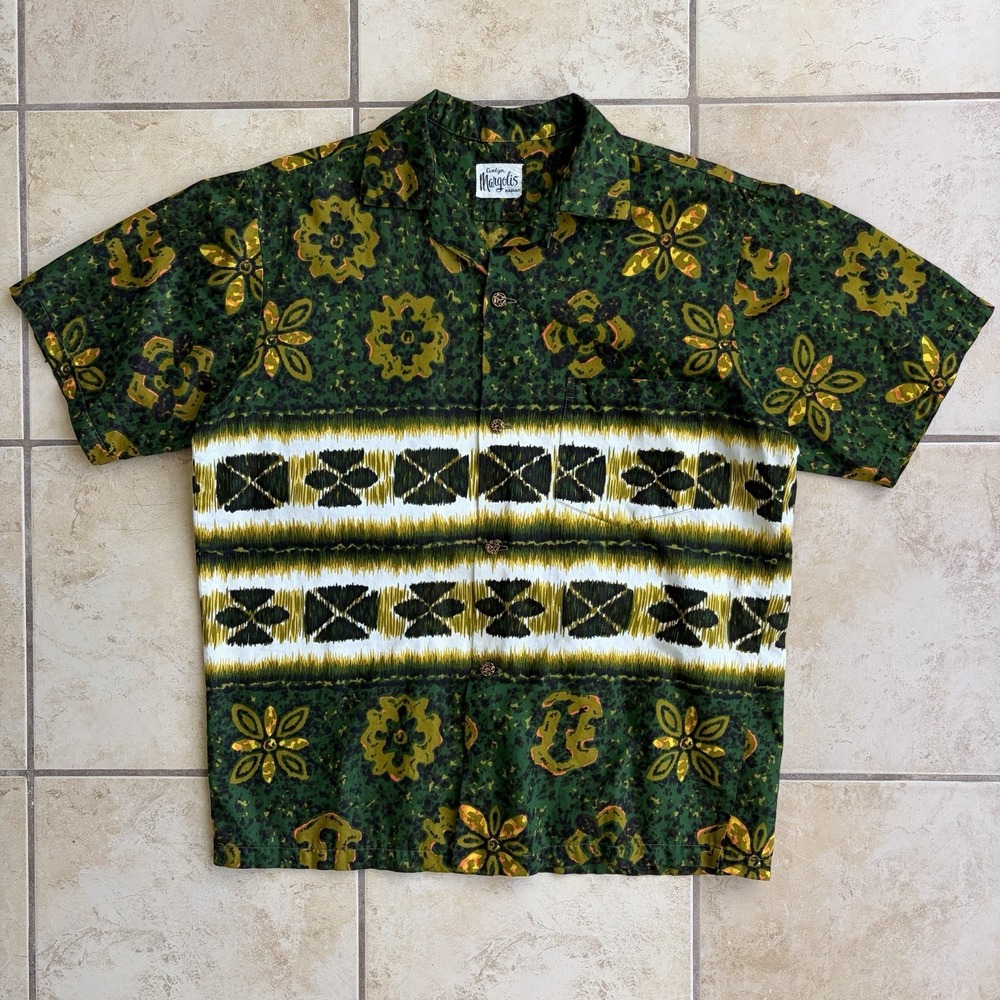 Vintage Evelyn Margolis Hawaiian Shirt Mens Large Green Floral Loop Collar 60s